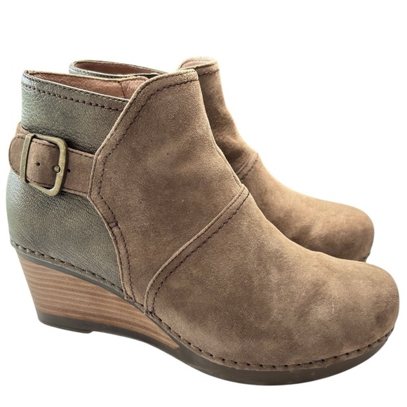 Dansko Shirley Ankle Booties Stacked Wedge Heel Gray Taupe Womens Sz 37  7.5 / 8 - Picture 3 of 15
